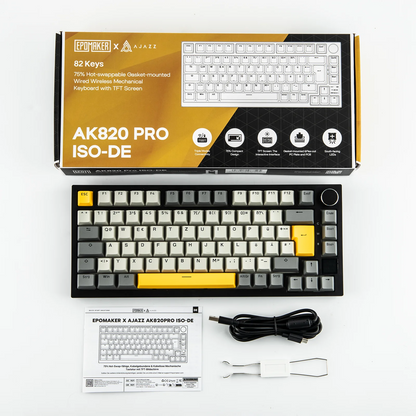 ISO-DE Layout AJAZZ AK820 PRO 75% QWERTZ German Layout Mechanical Keyboard Tri-Modes Wireless Keyboard with TFT Screen NKRO RGB