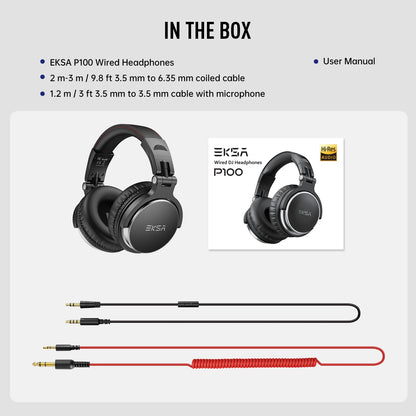 OneOdio EKSA P100 Professional Studio Headphones Wired HiFi Over Ear DJ Monitor Headphones with 50mm Driver, Mic, 3.5mm/6.35mm Audio Cable