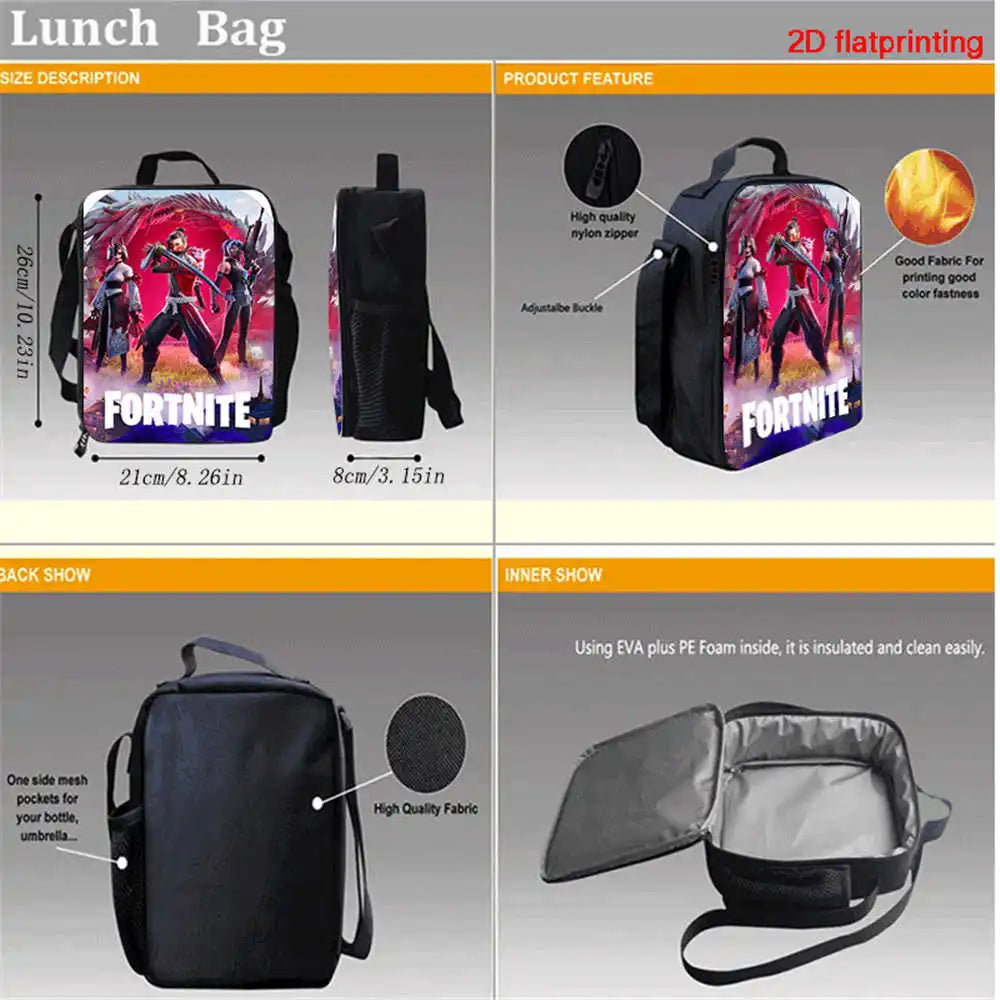 Fortnite Cartoon 3pcs Set, Large Capacity Suitable for Boys and Girls Aged 5-8, Includes Backpack, Dinner Bag, and  Pencil Case