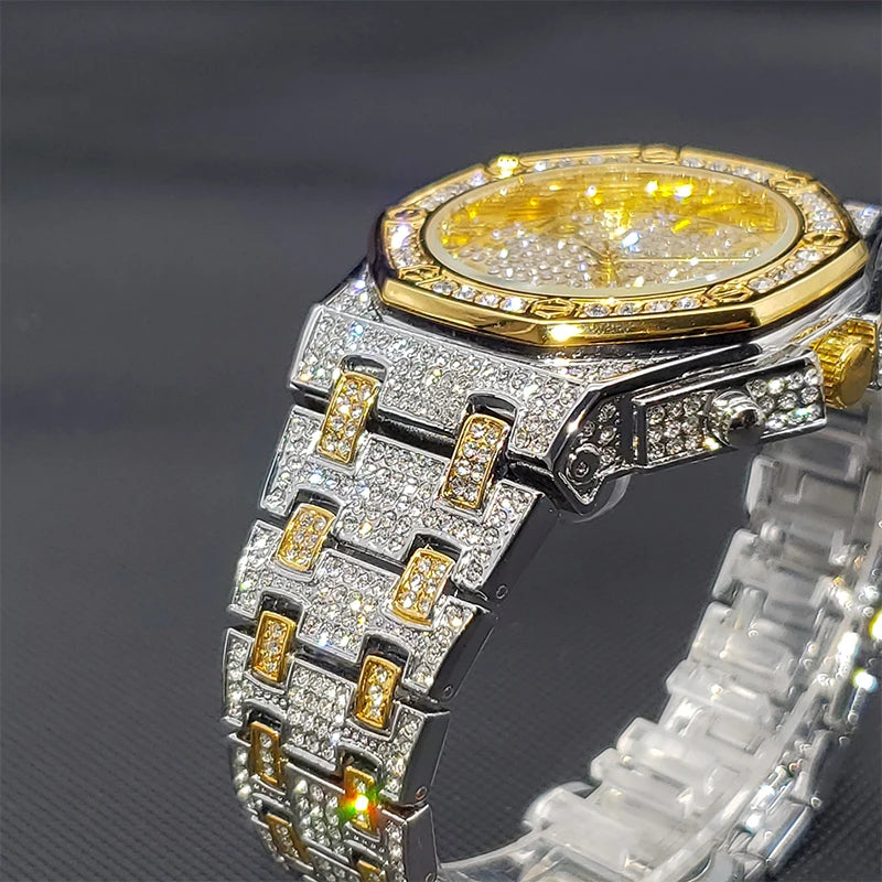 Gold Watches For Men Full Iced Diamond Men's Quartz Watch Luxury Fashion Calendar Wristwatch Dropshipping