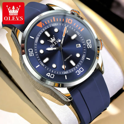 OLEVS Automatic Men's Watches Luxury Top Brand Green Water Ghost Diving Series Silicone Strap Original Mechanical Man Watch 6751