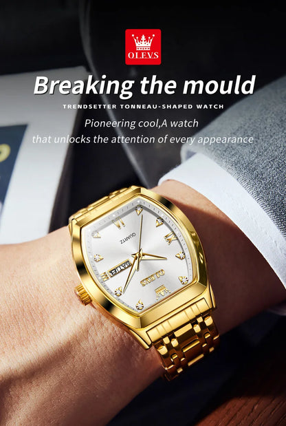 OLEVS New Men's Watches Quartz Luxury Gold Watch Classics Tonneau Dial Top Brand Waterproof Luminous Quartz Watch for Men 5528