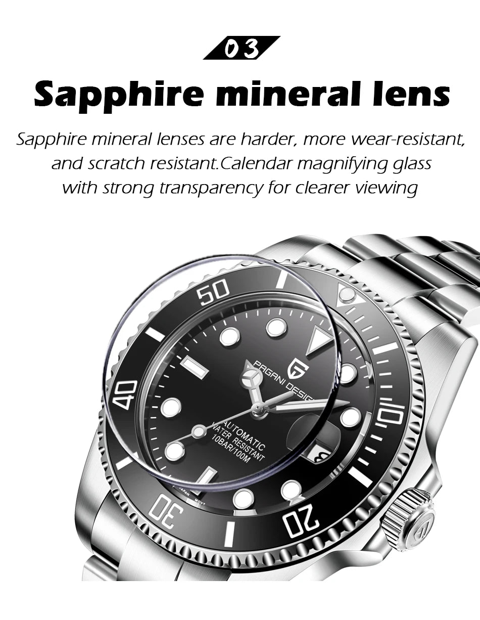 PAGANI DESIGN Diving Watch Mechanical Automatic Watch 316L Stainless Steel UltraBright Luminous Watch Top Luxury Watches for Man
