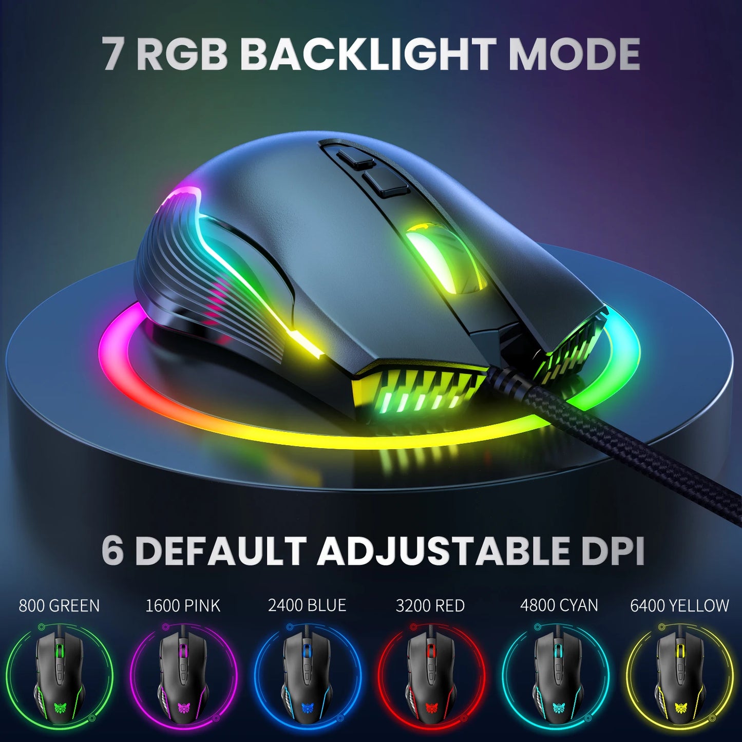 Mouse da gaming cablato ONIKUMA, 6 livelli regolabili, 6400 DPI, 7 pulsanti programmabili, 7 modalità di illuminazione RGB, design ergonomico per gamer PC