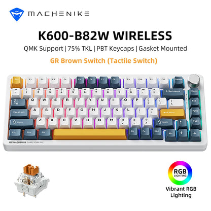Teclado Mecânico Gaming Sem Fios Machenike K600-B82W Trimodo, Montagem Gasket, Layout ANSI 75% e Retroiluminação RGB