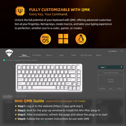 Teclado Mecânico Gaming Sem Fios Machenike K600-B82W Trimodo, Montagem Gasket, Layout ANSI 75% e Retroiluminação RGB