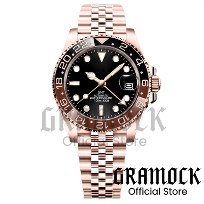 Gramock Rose Gold 40MM GMT NH34A Mechanical Watches Date Sapphire Crystal 100M Diving Rotating Bezel Men's Automatic Wristwatch