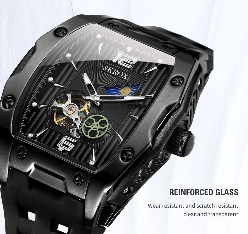 SKROX Designer Luxury Moon Phase Toubillon Automatic Movement Mechanical Clock High Quality Waterproof Silicone Men's Watches