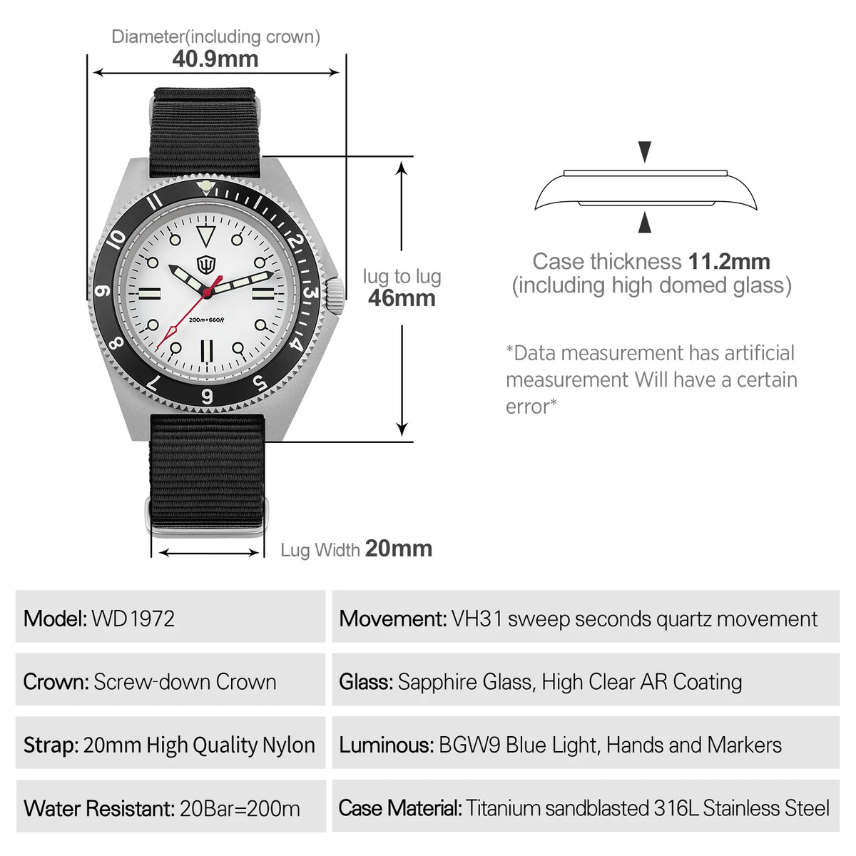 Watchdives WD1972 Men Watch VH31 Sweep Seconds Quartz Movement Sapphire  Stainless Steel Watches Waterproof Luminous Wristwatch