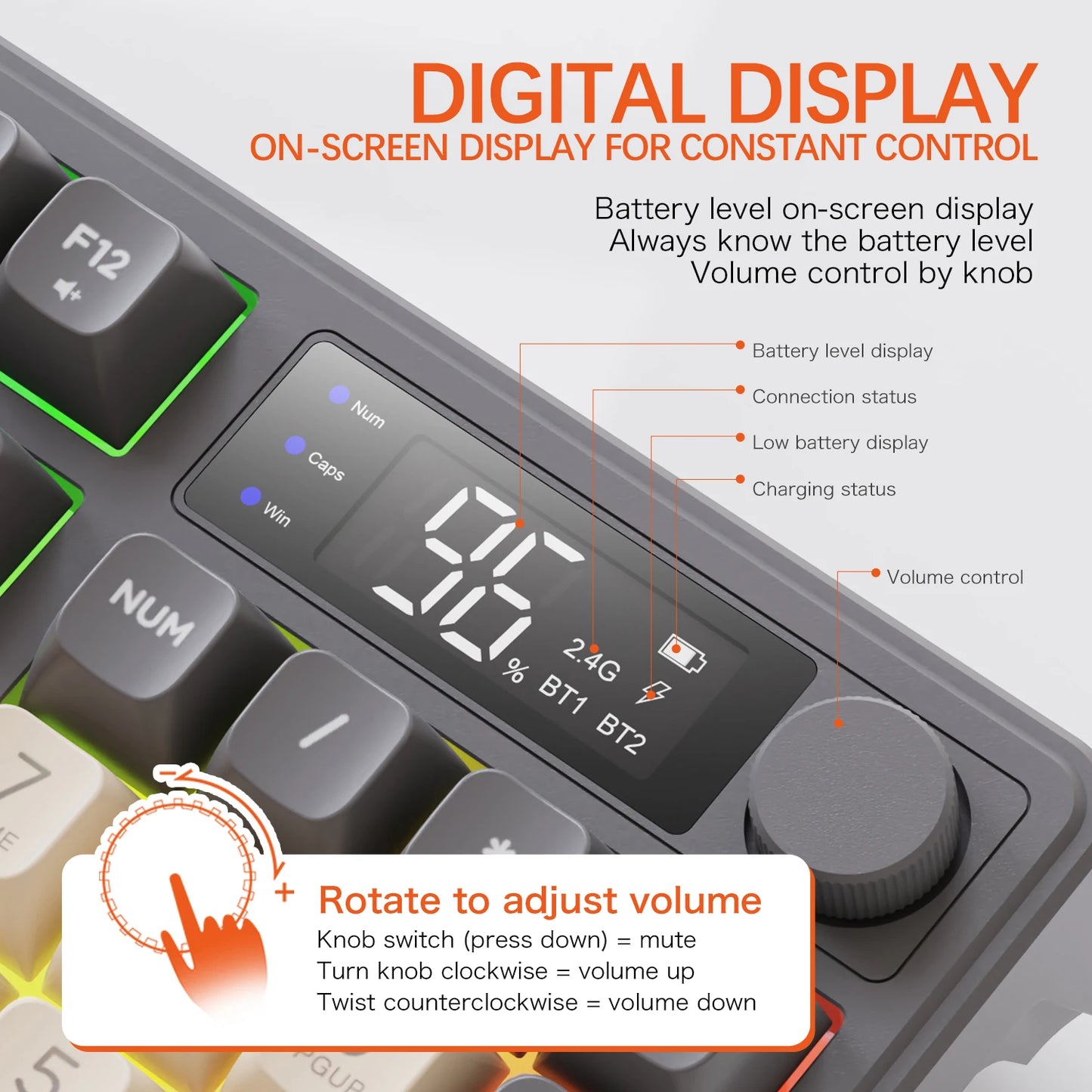 Teclado Bluetooth Sem Fios M96 FREEWOLF com Ecrã Gaming, Ecrã Eletrónico, Ligação a Vários Dispositivos, Ergonomia Gaming