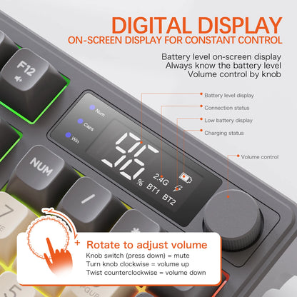 Teclado Bluetooth Sem Fios M96 FREEWOLF com Ecrã Gaming, Ecrã Eletrónico, Ligação a Vários Dispositivos, Ergonomia Gaming