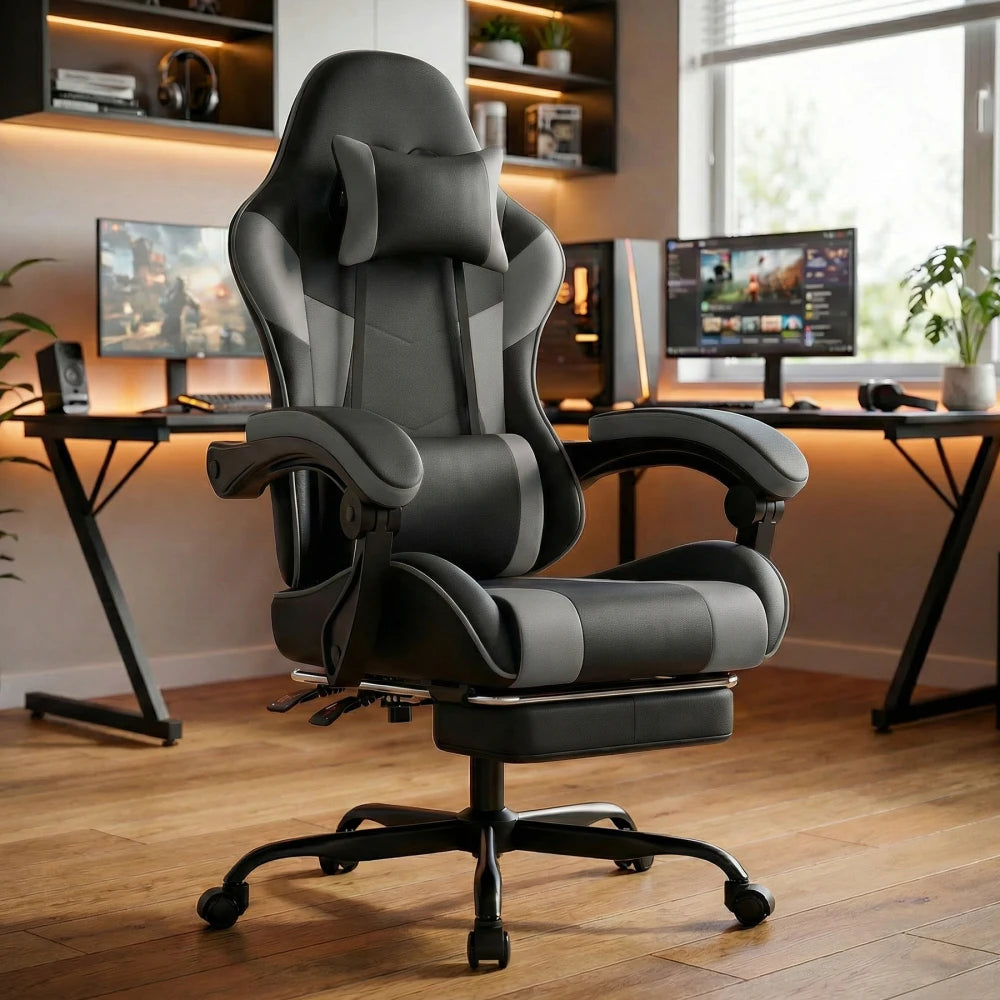 Ergonomic Gaming Chair with Lumbar Support, Adjustable Office Chair, Breathable PU Leather Computer Chair with Footrest & Reclining Backrest