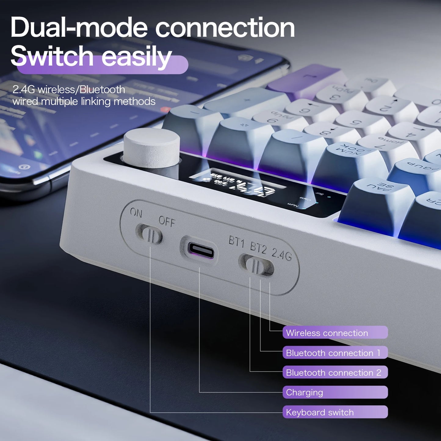 Teclado XUNFOX TK100 sem fios 2.4 Bluetooth de modo duplo para gaming, silencioso, escritório e portátil, universal