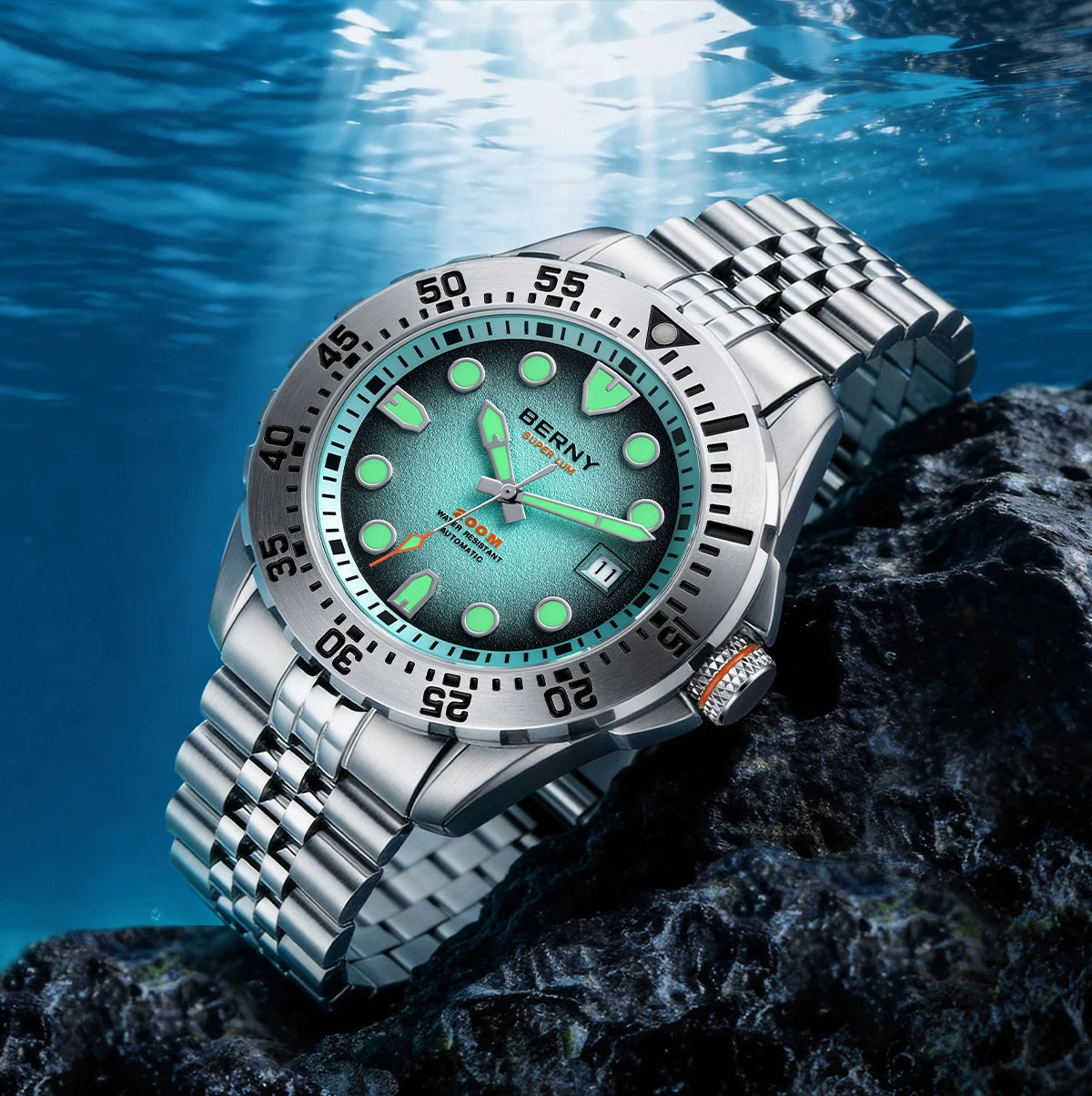 BERNY Men's Automatic Diver Watch Supper Luminous Sapphire AR Coated MIYOTA 8215 316LStainless Steel Single Crown Diving Watches