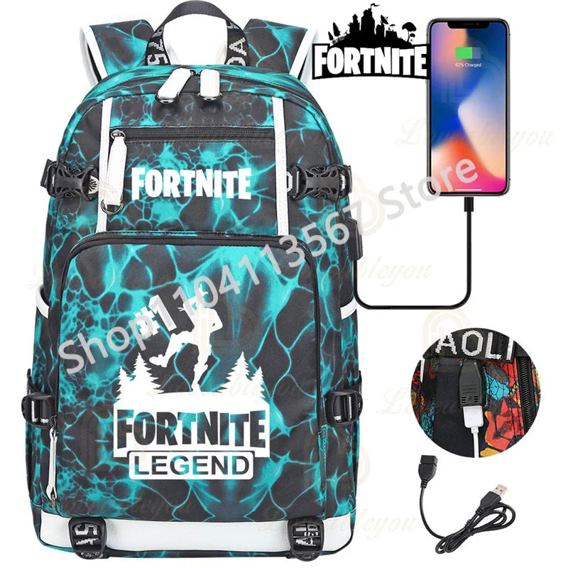 Yule Trooper F-Fortnited Battle Royale Backpack with USB Charging Anime Figures Study Stationery Compartment Students Mochila