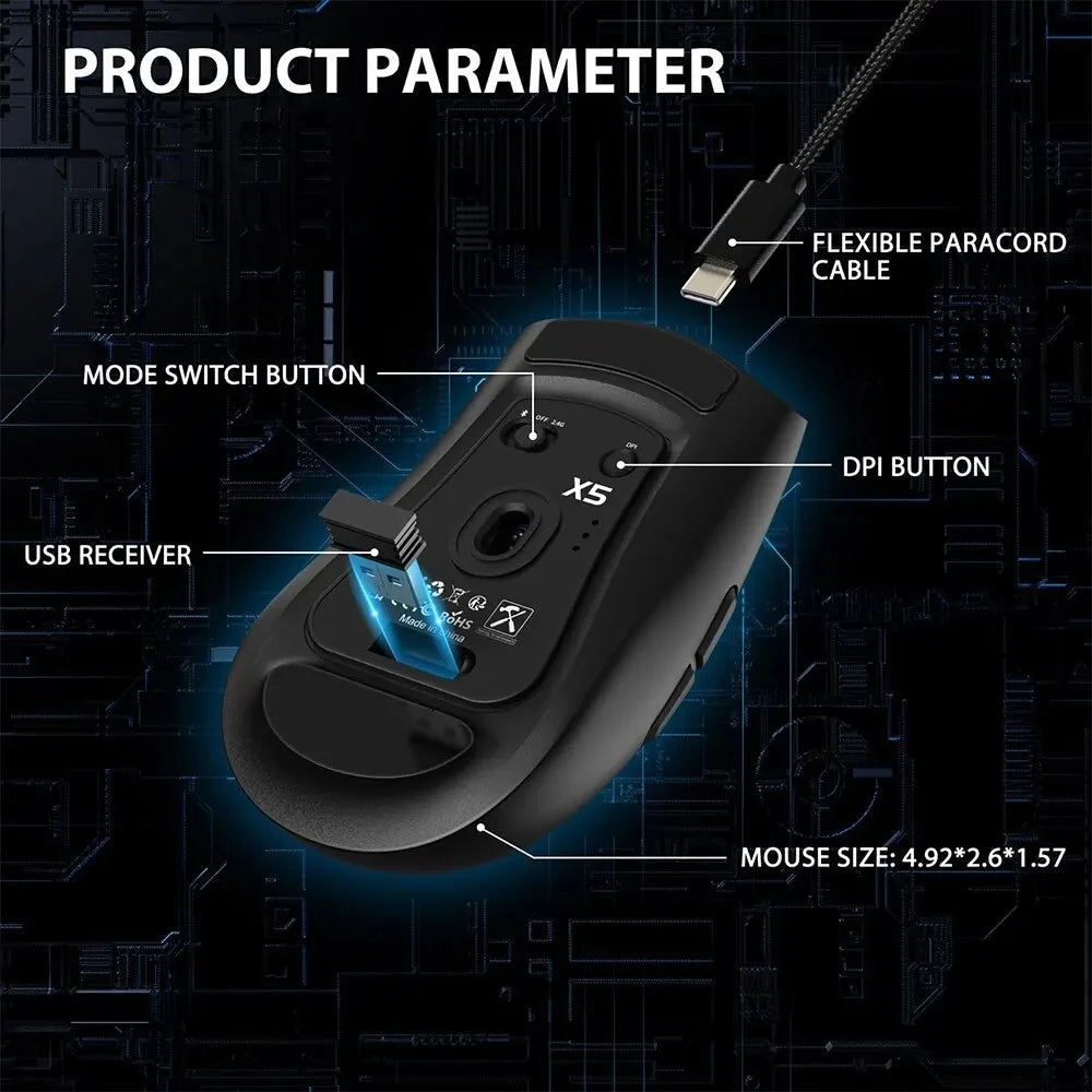 ATTACK SHARK X5 Wireless Gaming Mouse, 49g Tri-Mode Bluetooth Gaming Mouse with PixArt Optical Sensor, RGB Rechargeable Gaming Mouse for PC, Mac & Windows