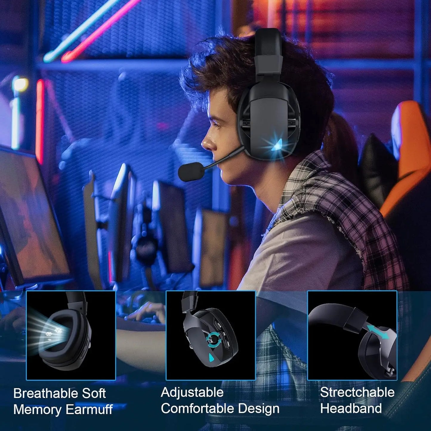Auscultadores Gaming com Microfone Destacável com Cancelamento de Ruído – 3 Modos: Bluetooth 5.3 Sem Fios, 2.4G USB e Ligação com Fio 3.5mm, com Drivers de 50mm