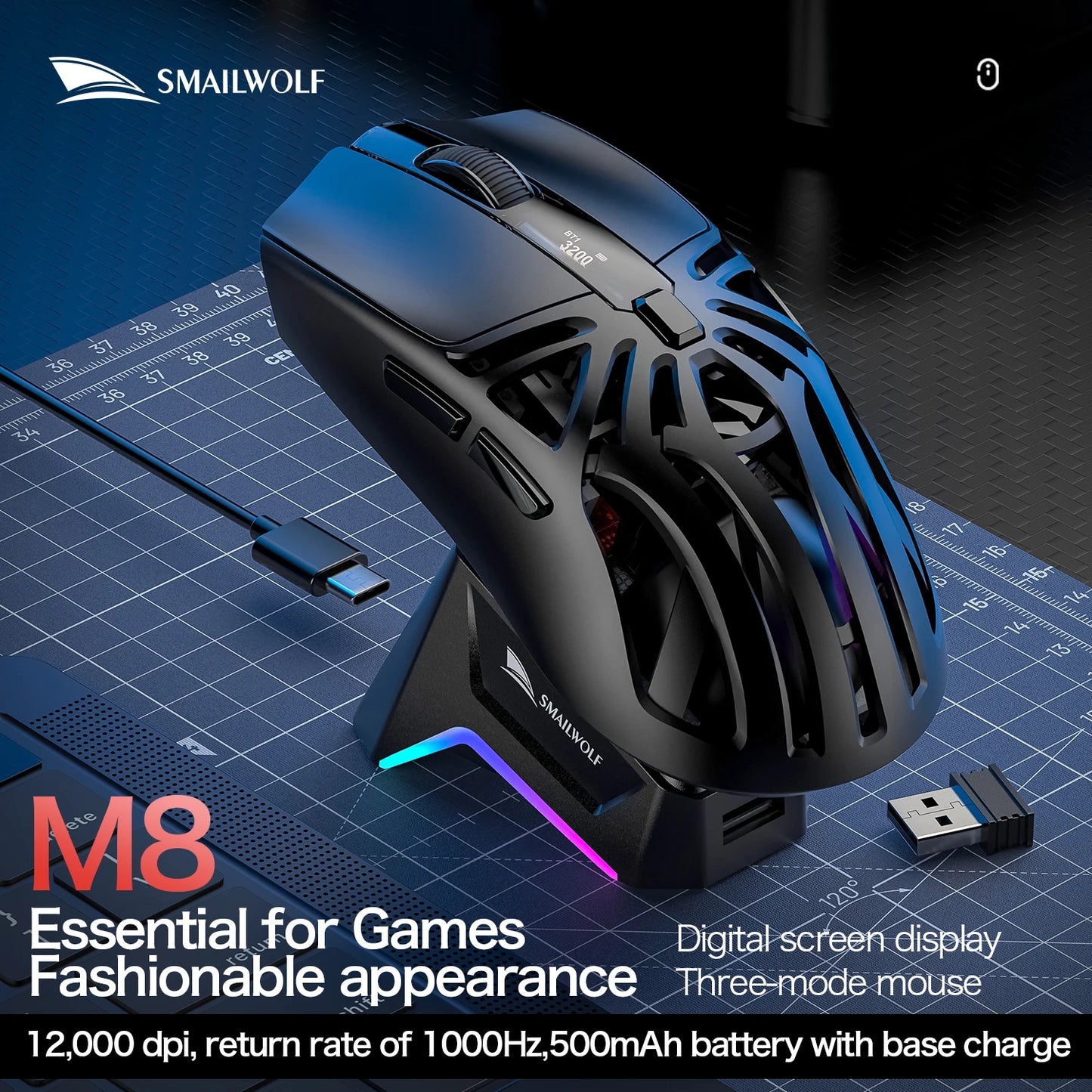 SMAILWOLF M8 Bluetooth Wireless Gaming Mouse, Tri-Mode RGB Rechargeable Mouse with PAW3311 Sensor, 12000 DPI Lightweight Gaming Mouse for PC & Office