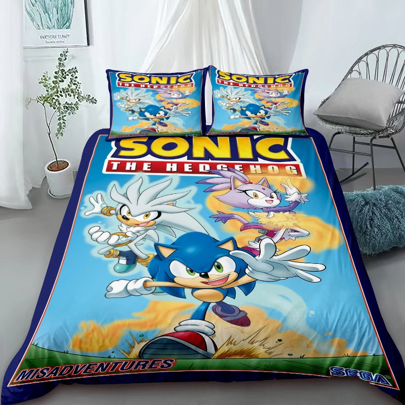 Cartoon Duvet Cover Set , Washable Cotton Bedding – S-Sonic-S the H-Hedgehog Movie Theme Student Bedroom Decor for All Seasons
