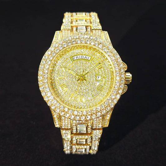 Men's Gold Quartz Watches Calendar Week Display Diamond Watch For Man Dropshipping
