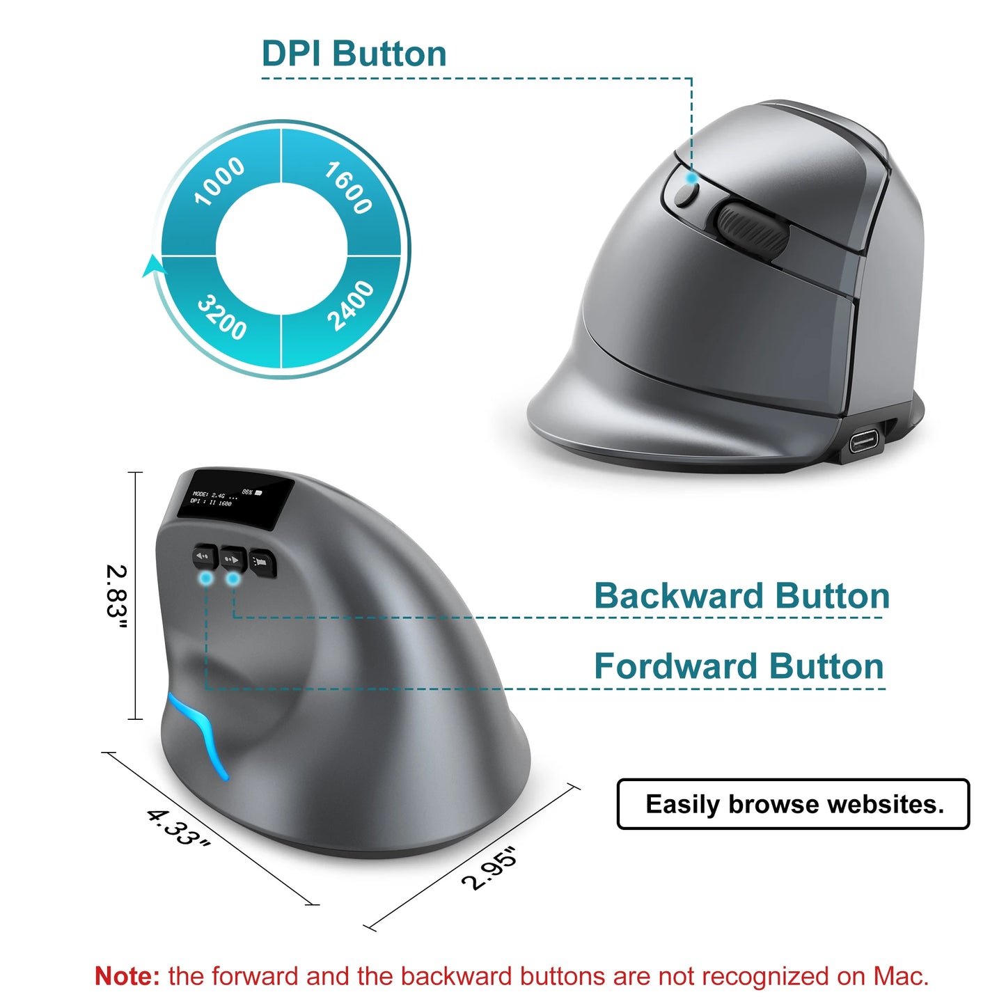 Lefon F26C Vertical Wireless Ergonomic Mouse with OLED Screen, Bluetooth Rechargeable RGB Mouse, 3200 DPI Optical Gaming Mouse for PC & Laptop