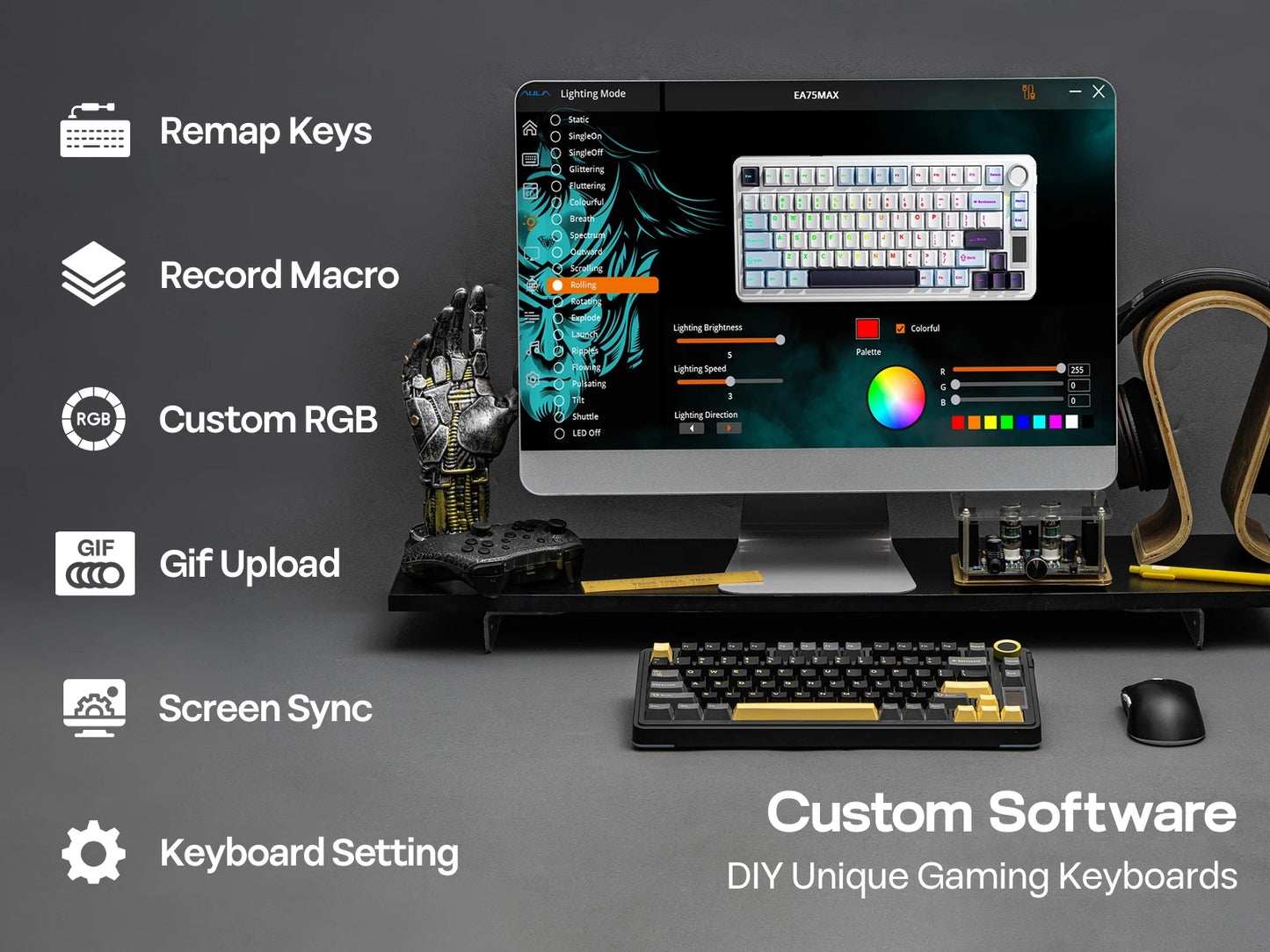 Teclado Mecânico Sem Fios EPOMAKER X AULA EA75 MAX 75% Layout ANSI US Hot-Swap Gasket com Fios/BT/2.4GHz com Ecrã e Botão Rotativo