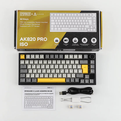 Teclado mecânico ISO-ES EPOMAKER X AJAZZ AK820 PRO 75% com layout espanhol, com fios/2.4GHz/BT, ecrã e botão rotativo para PC/Mac