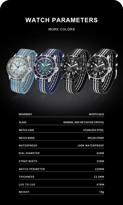 CADISEN Deep Explorer 2025 New Automatic Mechanical Watch Man Canvas Strap Wristwatch 8215 Luxury Luminous Waterproof Watches