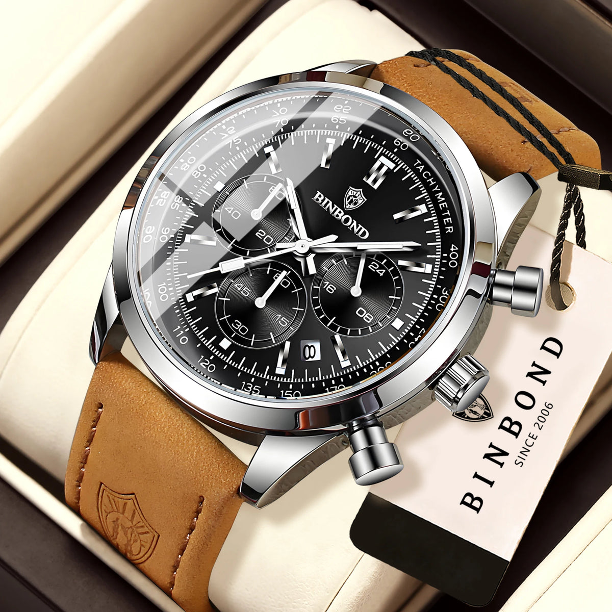 Robuust en nauwkeurig BINBOND-kwartschronograafhorloge voor heren, luxe, met automatische datum, verlicht en waterdicht, casual stijl.