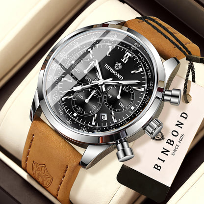 Robuust en nauwkeurig BINBOND-kwartschronograafhorloge voor heren, luxe, met automatische datum, verlicht en waterdicht, casual stijl.