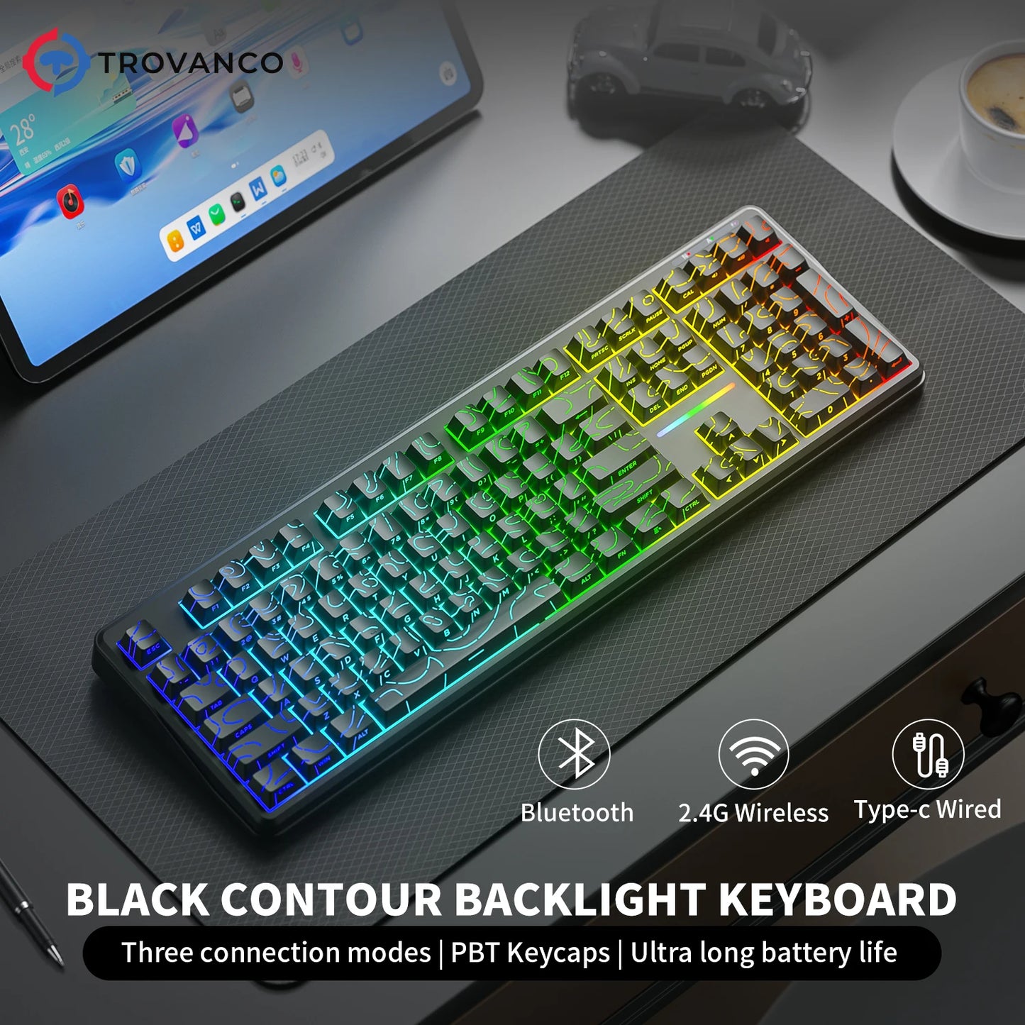 Teclado Bluetooth V108 Pro para escritório, baixo ruído, 2.4G, com e sem fios, layout completo, membrana com retroiluminação RGB