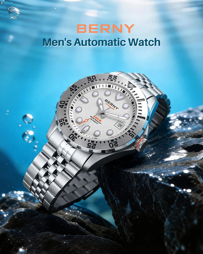 BERNY Men's Automatic Diver Watch Supper Luminous Sapphire AR Coated MIYOTA 8215 316LStainless Steel Single Crown Diving Watches