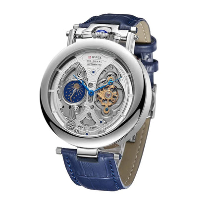 DIFFUL Luxury Big Skeleton Dial Moon Phases Tourbillon Hollowed Mechanical Men Wristwatch Watch With Leather Band