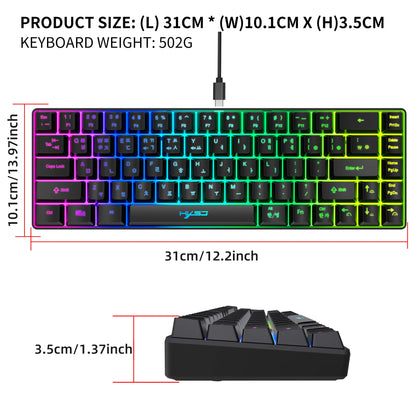 Teclado gaming de 68 teclas USB com fios portátil, retroiluminação RGB 20, teclado coreano para portáteis e computadores Windows