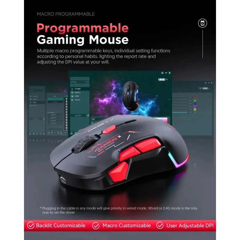 Mouse gaming macro MKESPN W12 a 10 pulsanti, ambidestro, wireless Bluetooth multi-canale tri-mode, grande RGB ergonomico