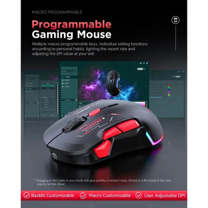 Mouse gaming macro MKESPN W12 a 10 pulsanti, ambidestro, wireless Bluetooth multi-canale tri-mode, grande RGB ergonomico