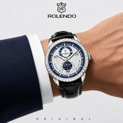 ROLENDO 1908 Men Automatic Mechanical Watch Diamond Luminous Leather Strap Waterproof Business Luxury Wristwatch For Male Gift