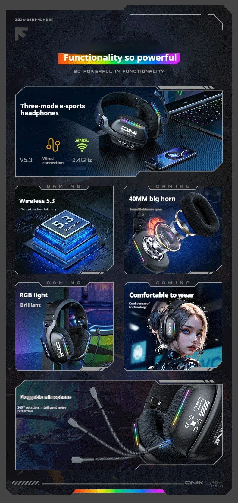 Auscultadores Gaming Sem Fios ONIKUMA GT808 2.4G/Bluetooth/Com Fio, 3 Modos, Over-Ear, com Microfone com Cancelamento de Ruído para PC PS4 PS5