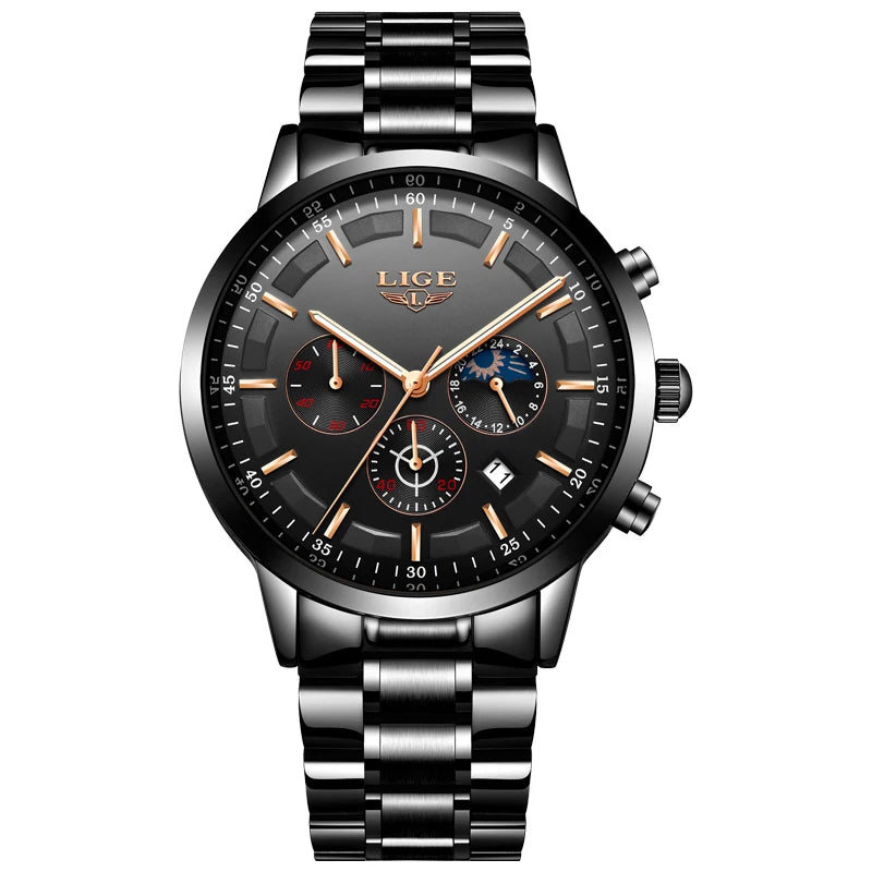 LIGE herenhorloge – Luxe quartz-chronograaf, waterdicht (3 bar), met lichtgevende wijzers – Cadeautip (inclusief doos)