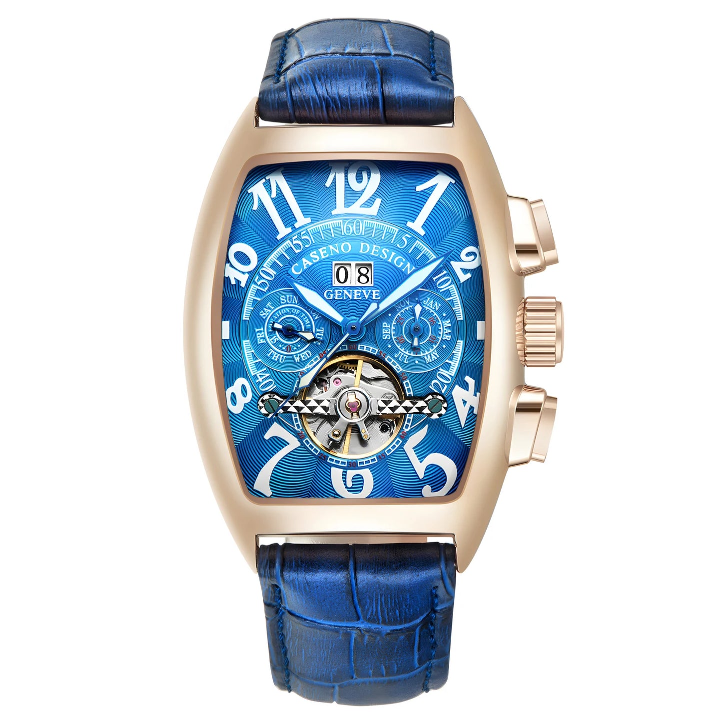 CASENO Top Luxury Brand Men's Fully Automatic Mechanical Tourbillon Watch Calendar Night Glow Tonneau Skeleton Watch -577G