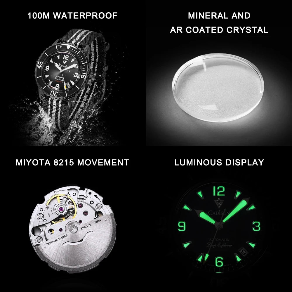 CADISEN Deep Explorer 2025 New Automatic Mechanical Watch Man Canvas Strap Wristwatch 8215 Luxury Luminous Waterproof Watches