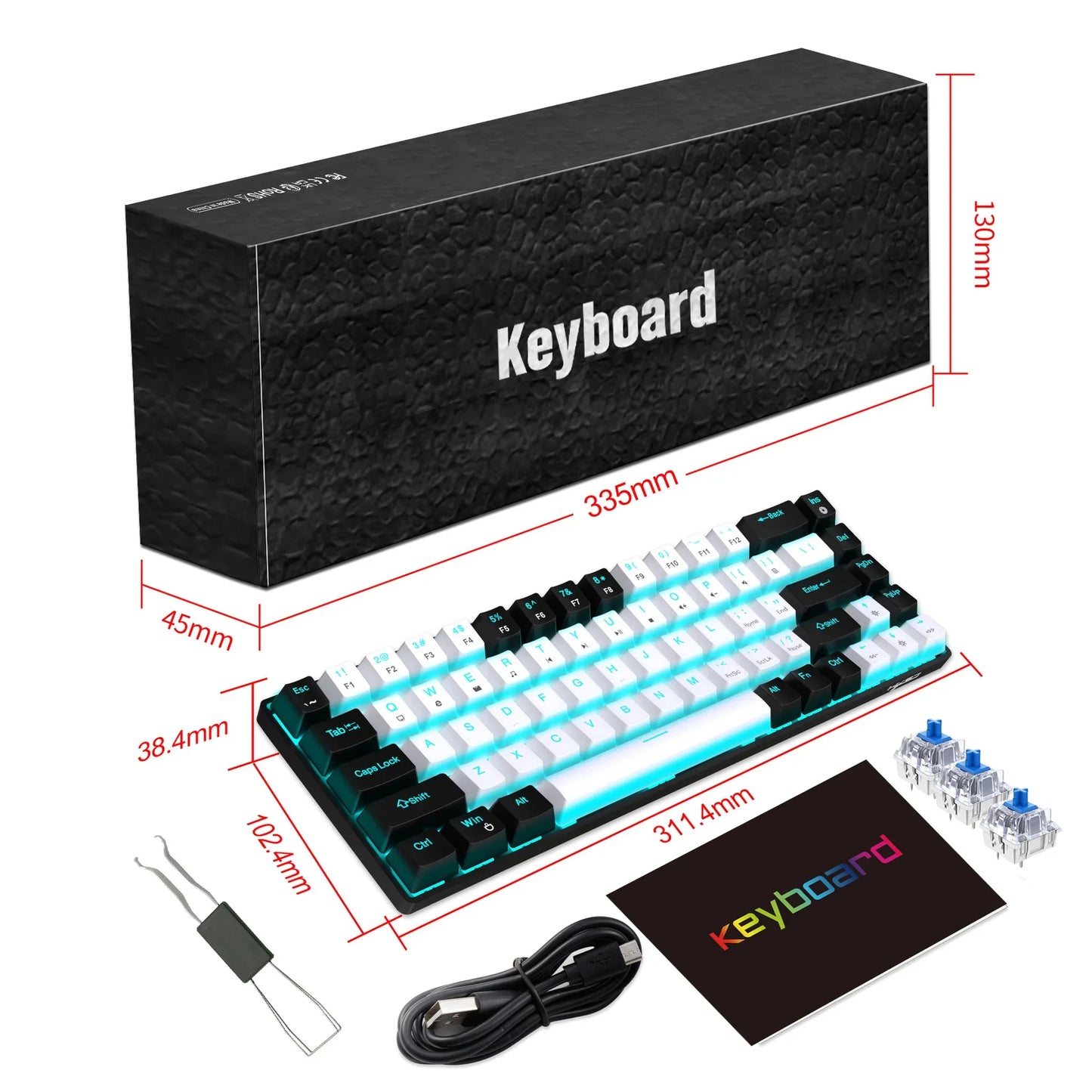 Teclado mecânico gaming 60% USB com teclas brancas, mini teclado gamer ergonómico para computador, retroiluminado, música, teclado para PC