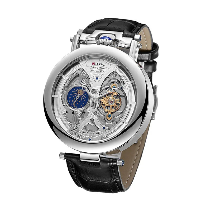 DIFFUL Luxury Big Skeleton Dial Moon Phases Tourbillon Hollowed Mechanical Men Wristwatch Watch With Leather Band