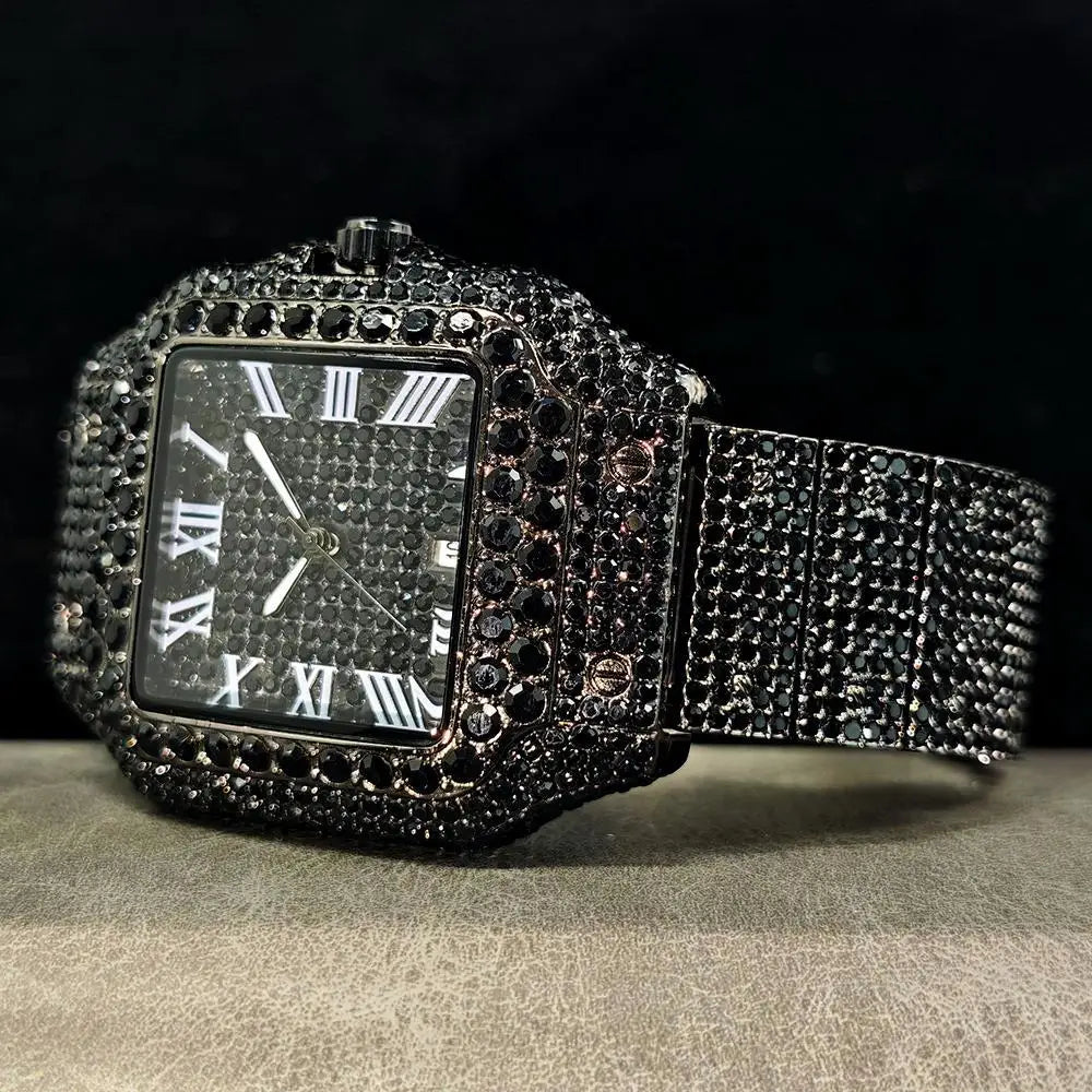 Green Diamond Watch For Men Brand UNIGUET Fashion Roman Literal Quartz Clock Man Hip Hop Iced Jewelry Square Wristwatch 2025 New