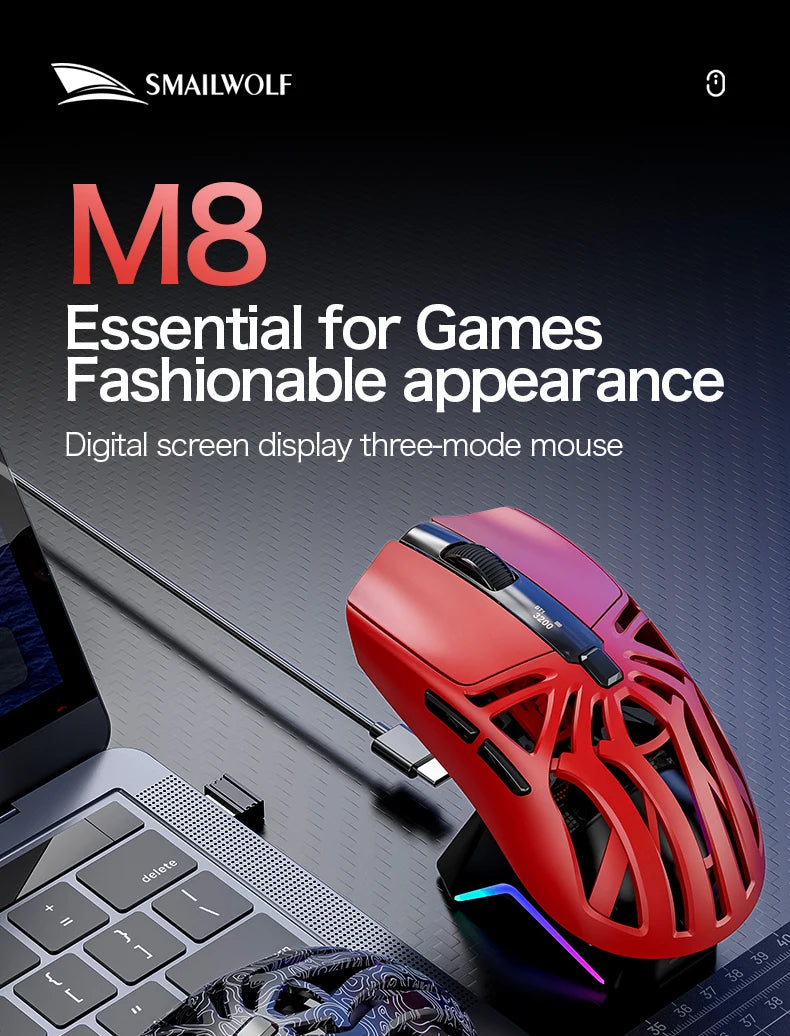 SMAILWOLF M8 Bluetooth Wireless Gaming Mouse, Tri-Mode RGB Rechargeable Mouse with PAW3311 Sensor, 12000 DPI Lightweight Gaming Mouse for PC & Office