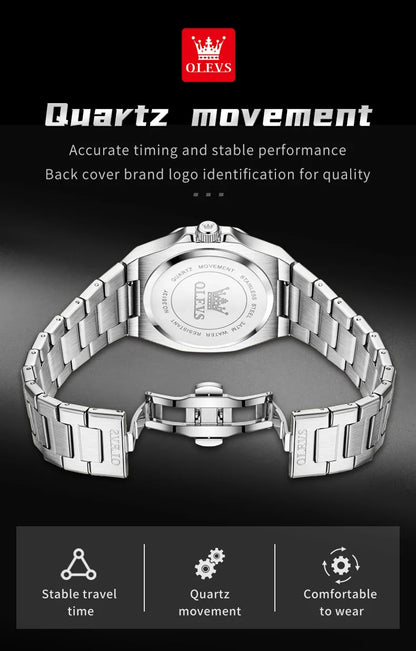 OLEVS Watches For Men Luxury Silver Blue Classic Quartz Watch for Man Waterproof Stainless Steel Luminous Reloj Hombre 2025
