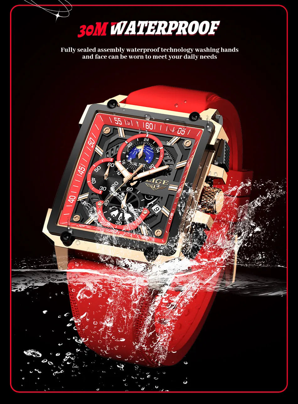 New LIGE Mens Watches Top Brand Luxury Hollow Square Sport Watch For Men Fashion Silicone Strap Waterproof Quartz WristWatch+Box