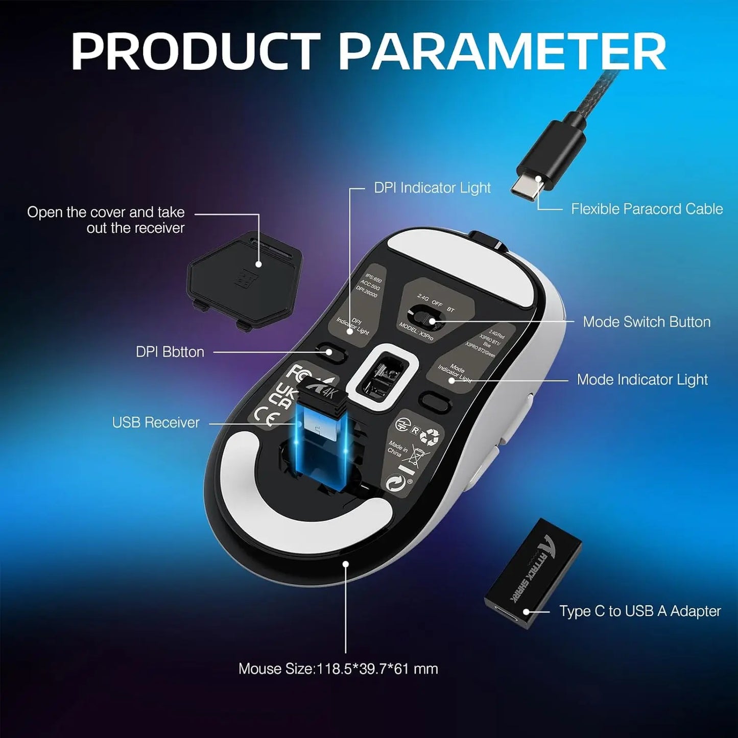 Attack Shark X3Pro kabellose Bluetooth-Gaming-Maus, optische Maus mit PixArt PAW3395 und 26000dpi, Tri-Mode-Verbindung, Makro-Gaming-Maus