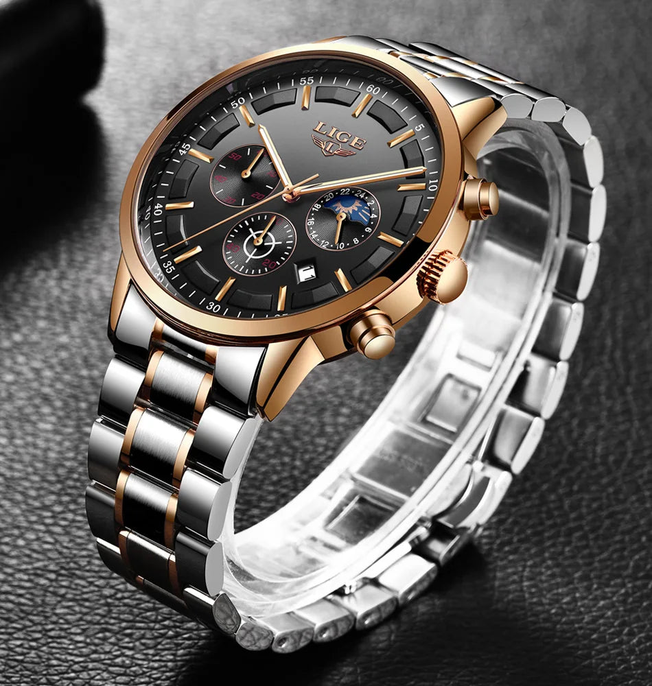 LIGE herenhorloge – Luxe quartz-chronograaf, waterdicht (3 bar), met lichtgevende wijzers – Cadeautip (inclusief doos)