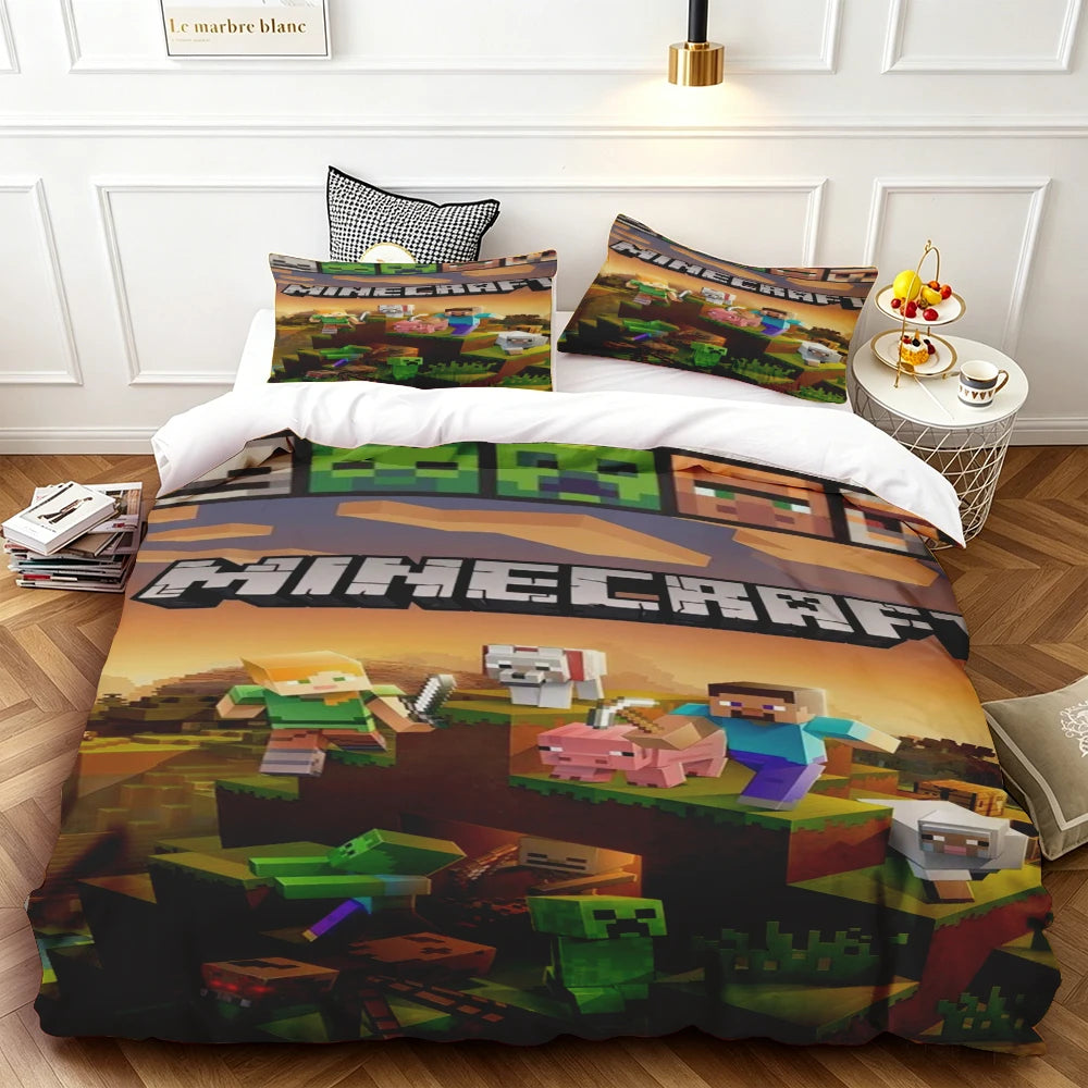 Cartoon Duvet Cover Set Minecraft Quilt Cover Bedding Set Soft and Comfortable for Bedroom Dormitory Best Gifts